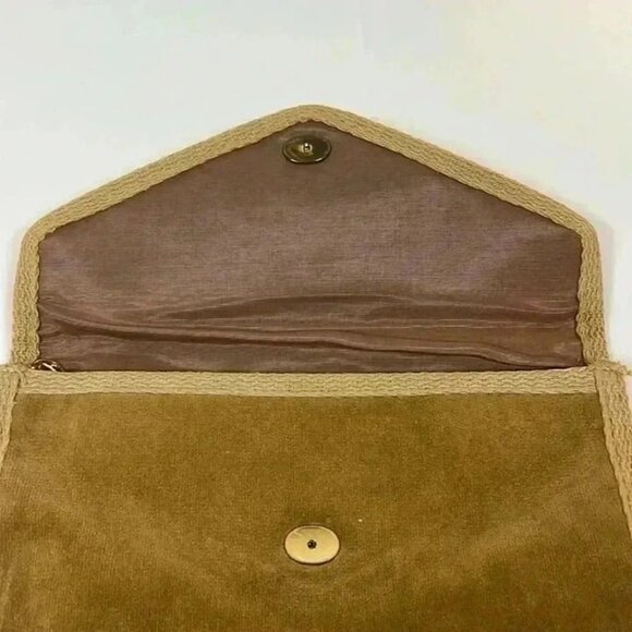 VELOUR CLUTCH HANDBAG TAN GOLD CHAIN PURSE - Picture 3 of 7